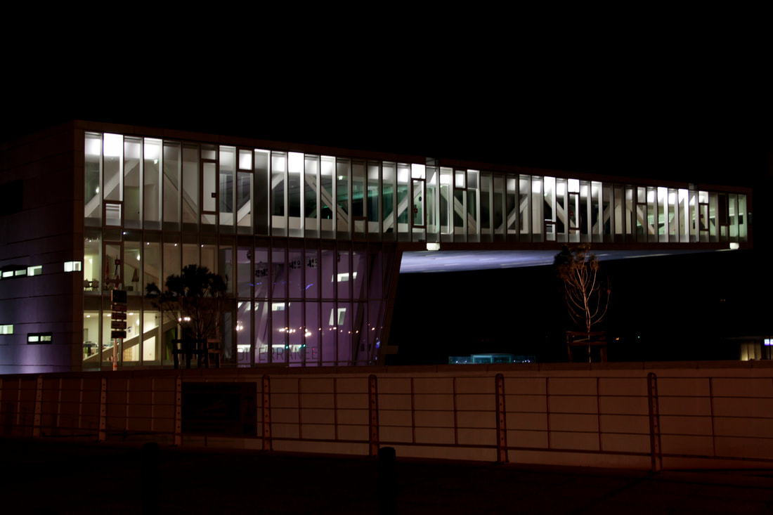 A modern building in the evening with purple and white lights on it
