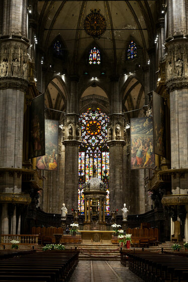The Pulpit of the Milan cathedral with chairs in front