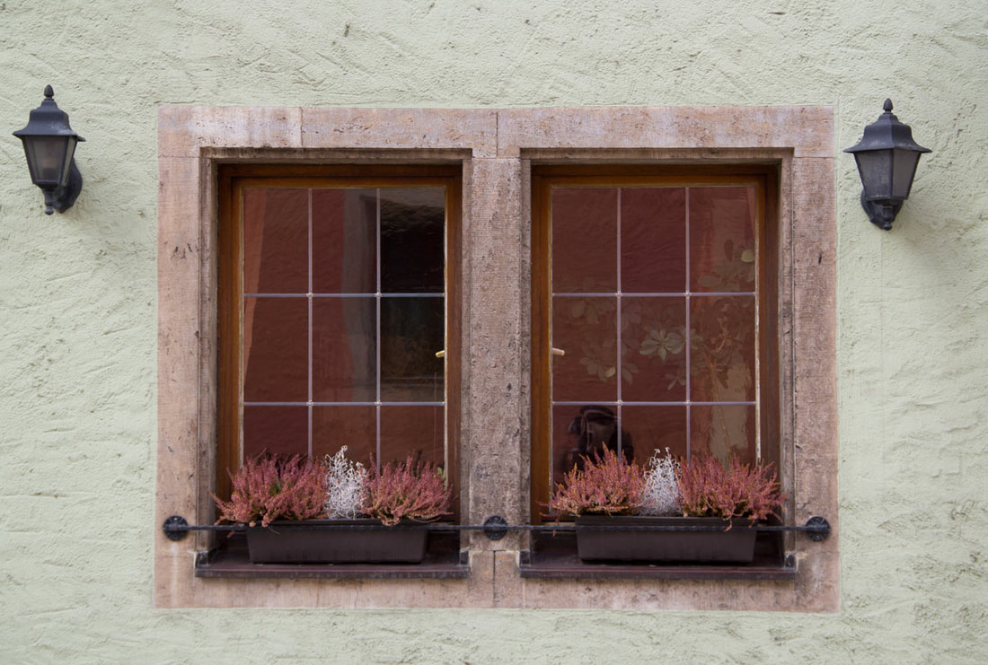 A window with red and white plants outside on a light green wall.